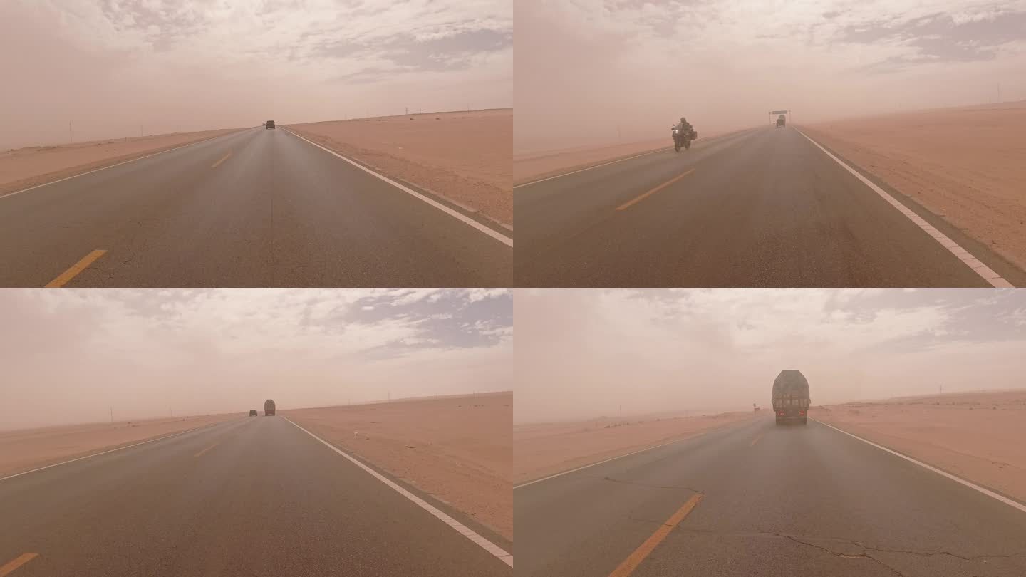 沙尘暴戈壁沙漠公路上行驶的汽车