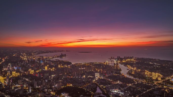 海南海口湾全景晚霞