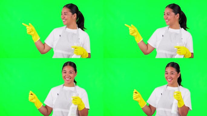快乐的亚洲女人，管家，在绿色屏幕上指指点点，用清洁剂清洁卫生。女性肖像，女仆或清洁工的广告与喷瓶在工