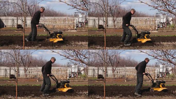 一名男子用摩托车耕田。完整的视频从侧面。为种植准备土地