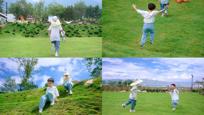 孩子成长踏青踏青草地快乐小孩奔跑儿童草坪