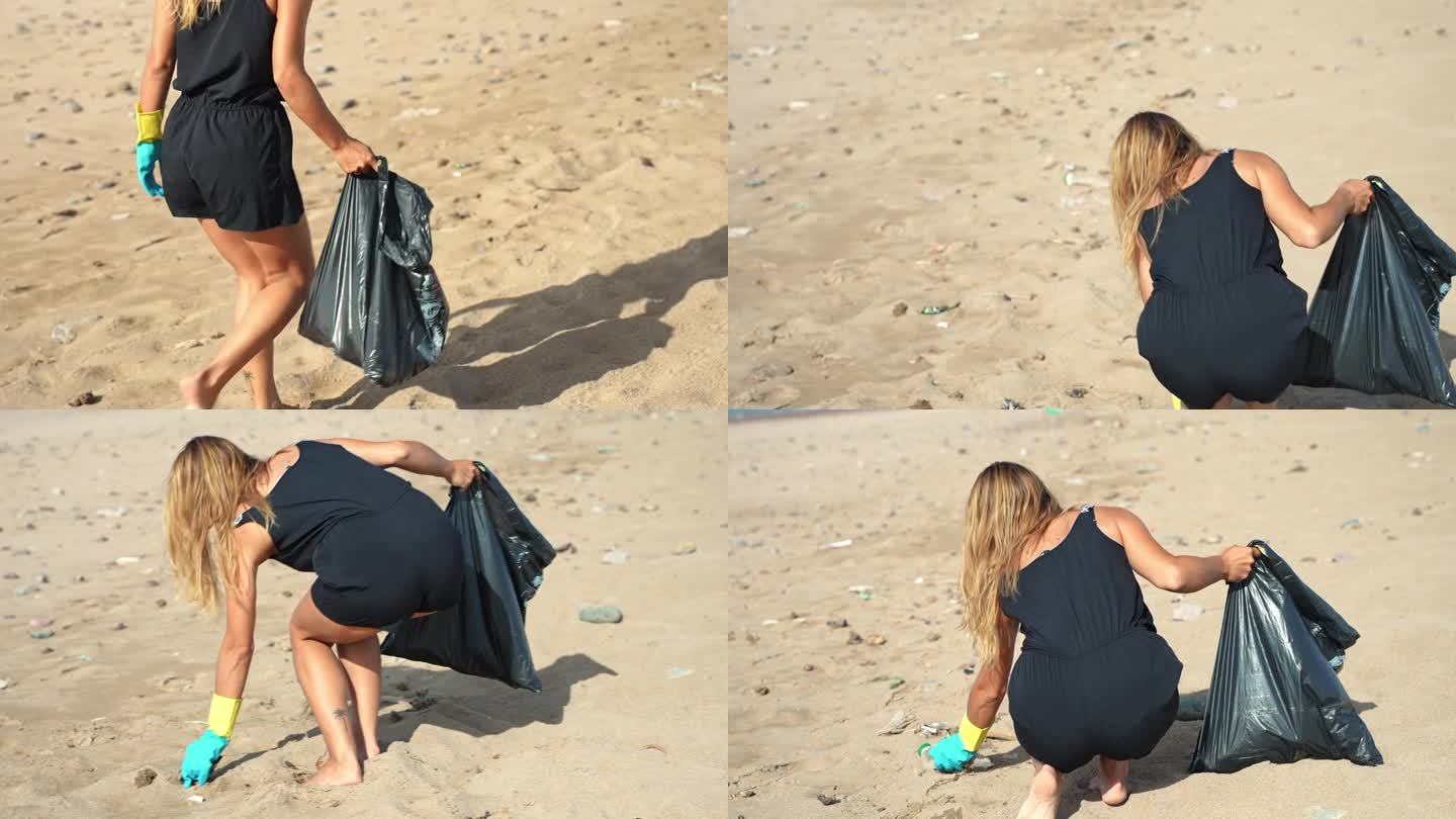 金发的年轻女子在海滩捡垃圾，把垃圾放进垃圾袋