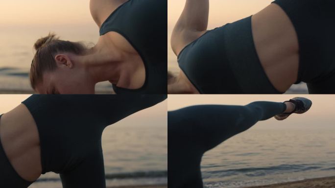 瑜伽女站在半月形姿势在海滩特写。女运动员练习瑜伽