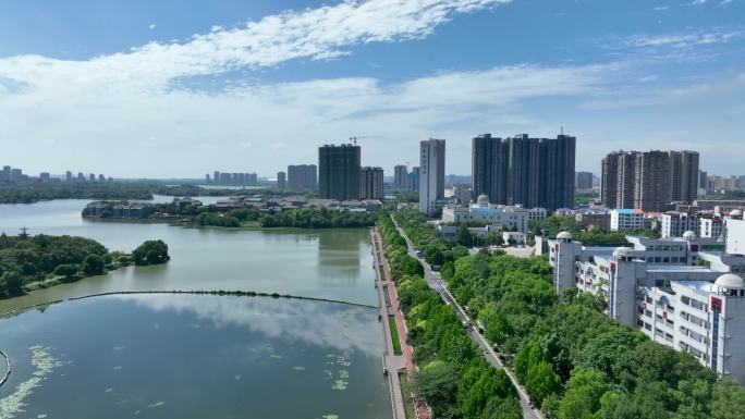 黄冈 城市景色 绿色街道 遗爱湖公园航拍