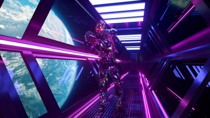 太空恐怖概念。钻石僵尸穿过飞船的霓虹灯走廊。背景是地球。