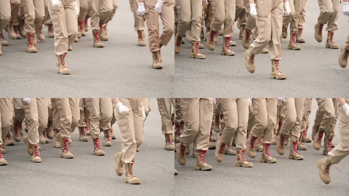 军用麂皮靴。胜利游行。红鞋带。三月慢动作