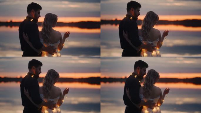 多民族情侣欣赏日落和日落后的天空，湖边的浪漫约会