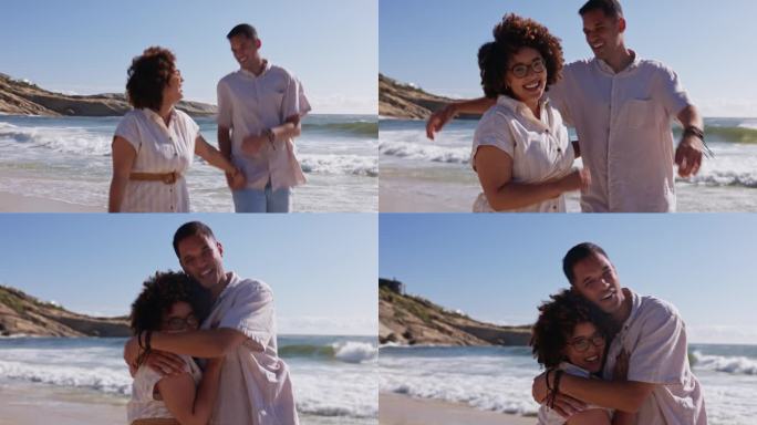 情侣们，带着爱在沙滩上奔跑和微笑，在假期，夏天冒险或放松时拥抱或联系。男人，女人和幸福肖像为旅行，海