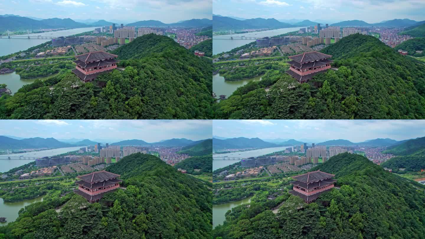 航拍富阳城市大景 东吴文化公园