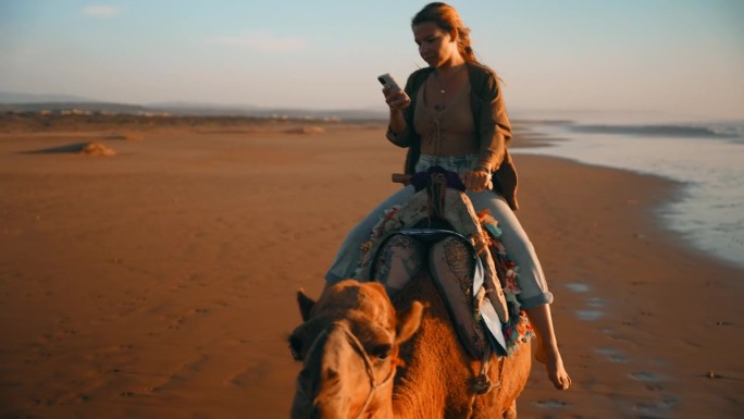 女游客在海滩骑骆驼时使用手机