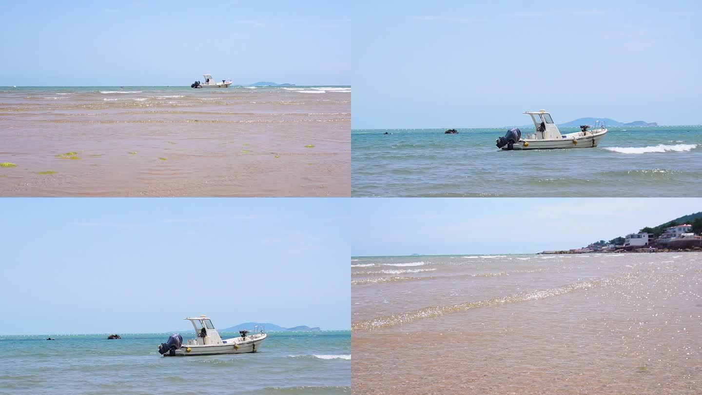 清澈海水 海中小船 沙滩空镜