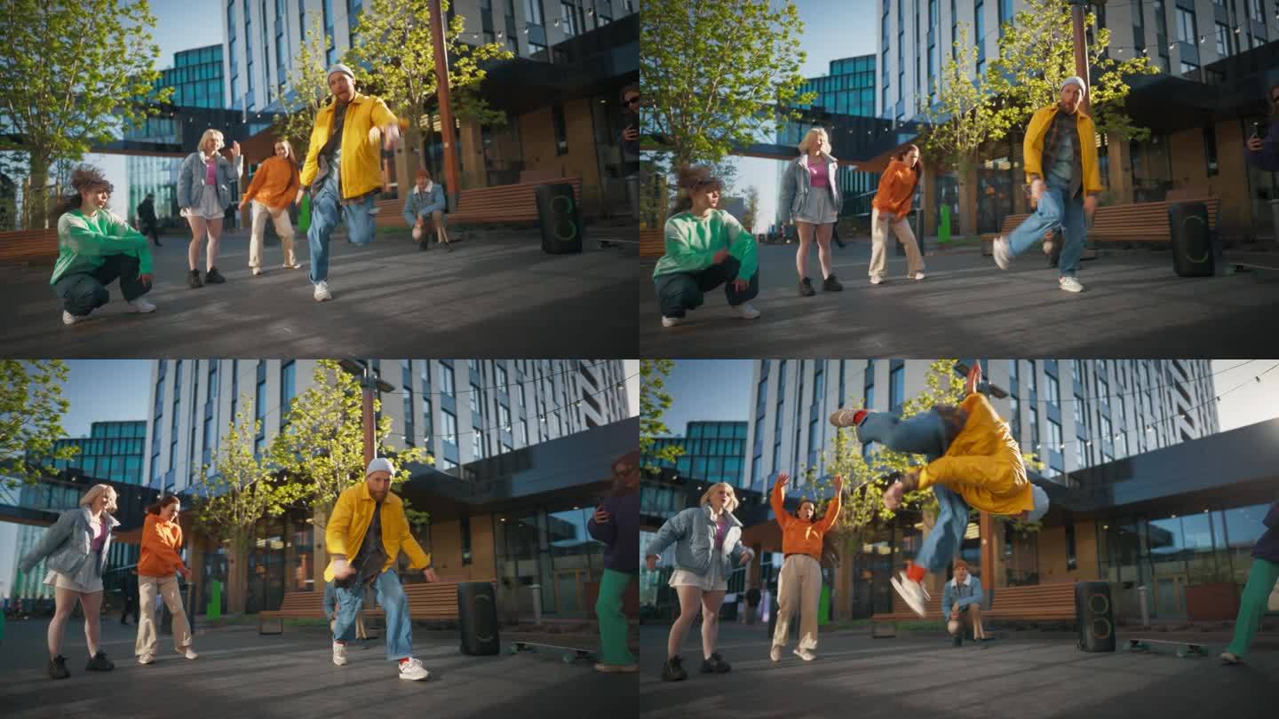 慢镜头:在朋友圈的现代建筑中，年轻而健壮的B-Boy在城市街道上跳霹雳舞。一群时尚人士支持，通过智能