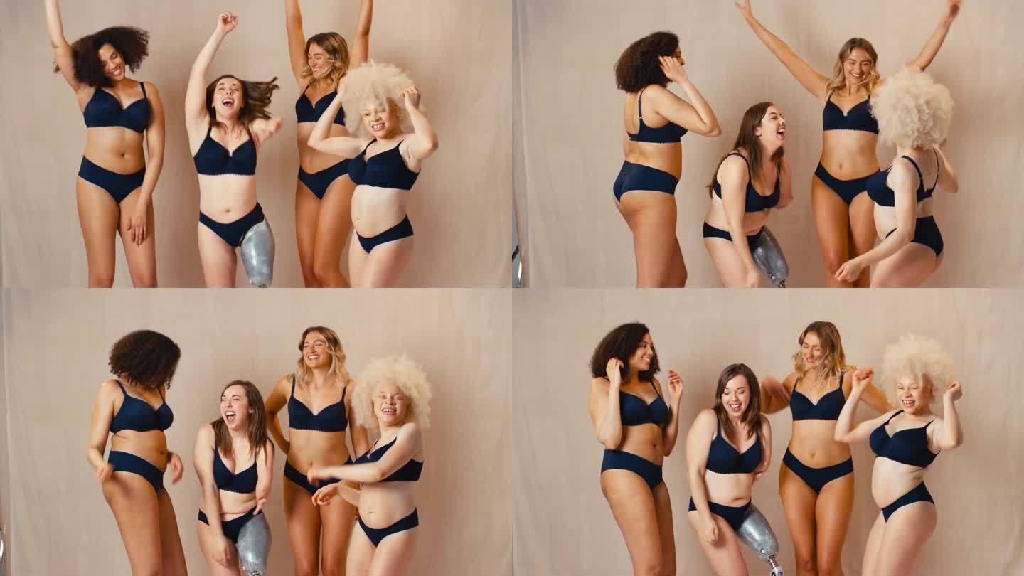 一群女性朋友，一个穿着内衣的义肢，提倡身体正能量舞蹈