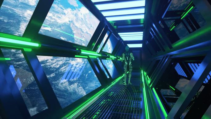 一个穿着霓虹灯套装的外星人走过宇宙飞船的隧道。地球轨道。绿蓝色霓虹灯。太空探索。