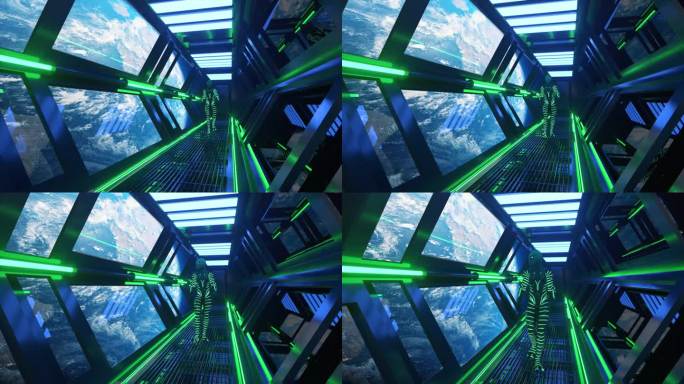 一个穿着霓虹灯套装的外星人走过宇宙飞船的隧道。地球轨道。绿蓝色霓虹灯。太空探索。