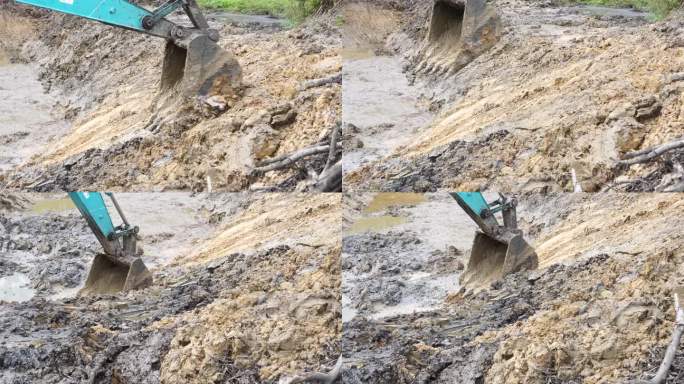拖拉机涉水，调整地板，塑造池塘挖掘机，Nakhon Rat Chasima，泰国，Chokchai,