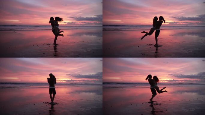 一对相爱的人在海边，日落和海水。现代白人家庭的两个恋人在舞蹈或拥抱中拥抱。健康的漂亮女人和迷人的英俊