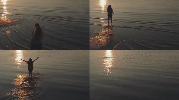 从空中向前飞行，看到一个十几岁的女孩赤脚跑到波罗的海的海滩上，在日落时分举起手臂