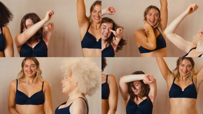 一群女性朋友，一个穿着内衣的义肢，提倡身体正能量舞蹈