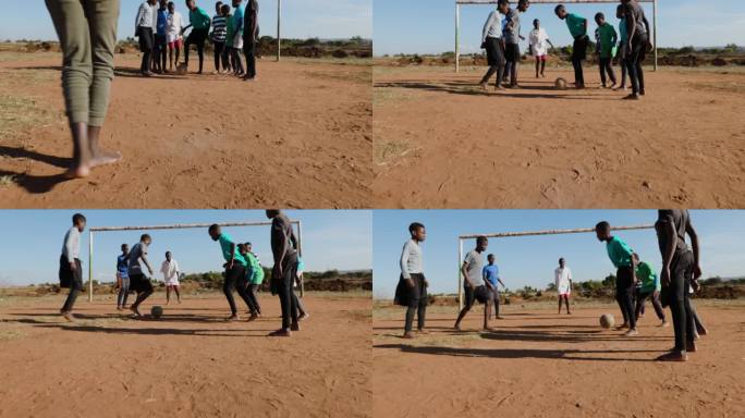 贫困。贫穷的非洲黑人儿童在城镇贫民窟踢足球。低角度视图
