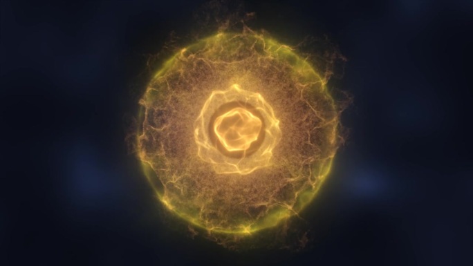 抽象的球体原子带有电子飞舞的发光的黄色明亮粒子和能量魔法场，科学未来的高科技背景