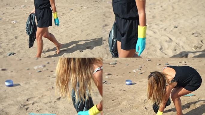 在海滩捡垃圾的女人，把垃圾放进垃圾袋里