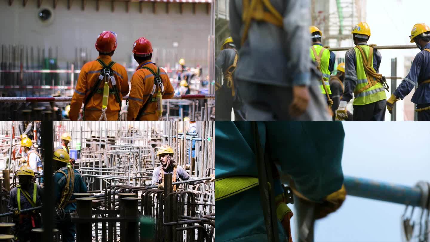 工地建筑 钢筋搭建 工人工作