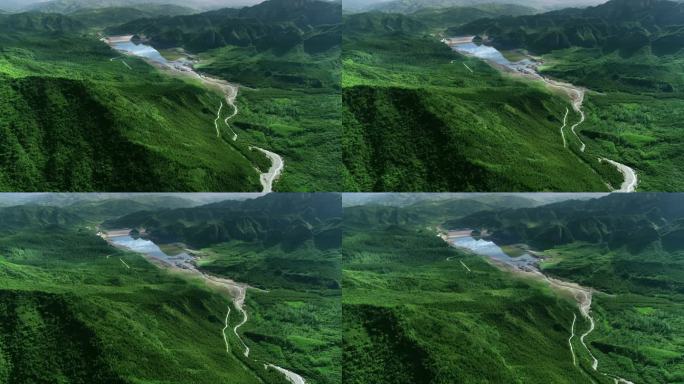 航拍绿色的大山、茂密的植被,绿水青山