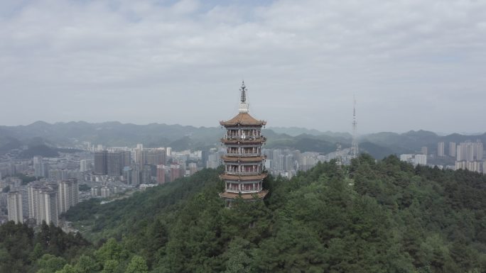 遵义市航拍环绕凤凰楼凤凰山森林公园遵义