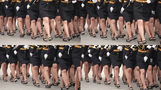 女兵们在走路。女兵部队。军队的女孩。女权主义交战。
