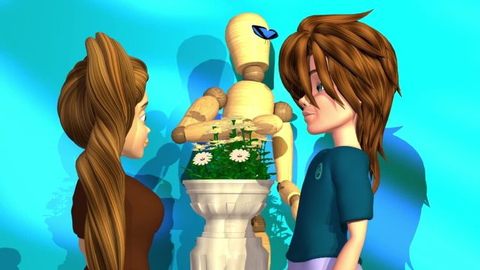 3d动画，两个卡通人物在一个装有鲜花和木偶的花瓶前说话。木偶试图吓跑一只蝴蝶