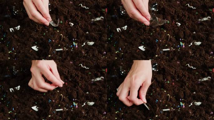 微塑料污染地球，土壤中的塑料颗粒特写，清理地面垃圾和垃圾，环境生态问题。全球变暖和气候变化。