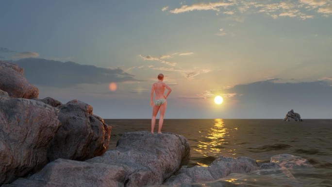 日落时分，坐在岩石上眺望大海的女人