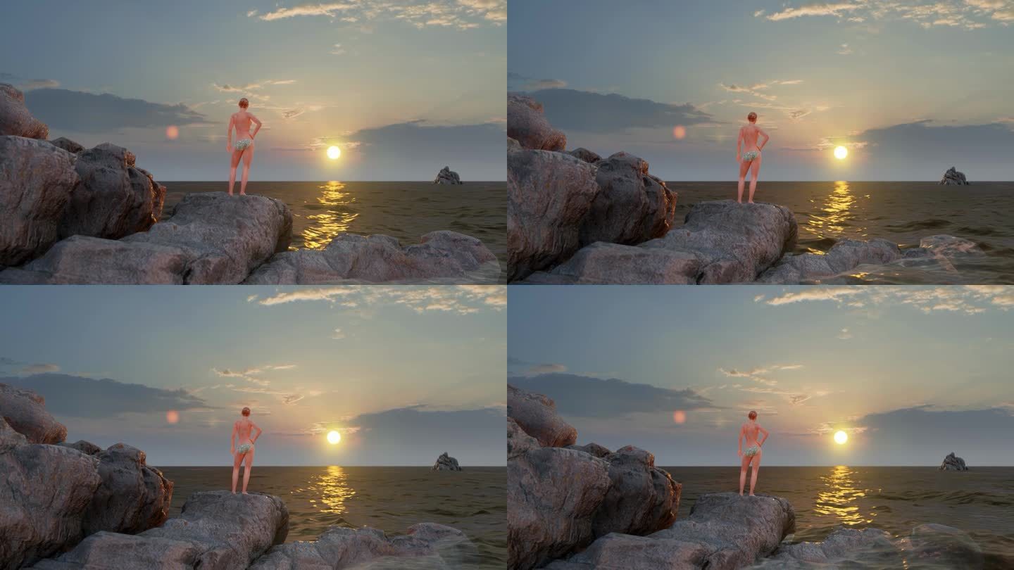 日落时分，坐在岩石上眺望大海的女人