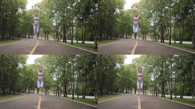 亚洲女子早上在公园跳高锻炼