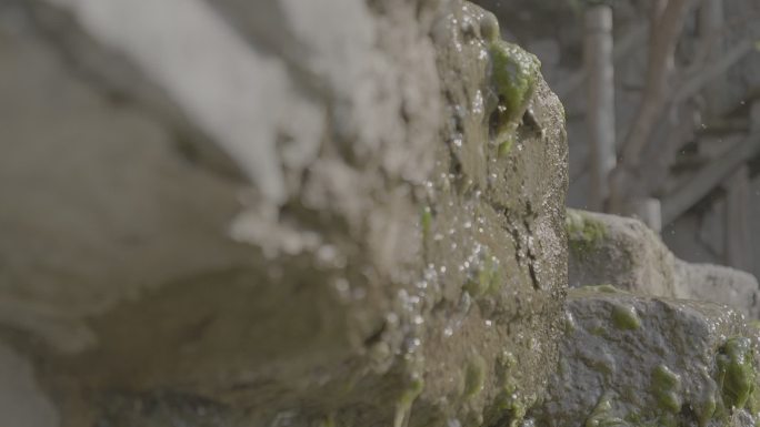 布满青苔石壁上的溪流流水