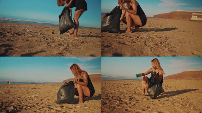 一个女人跪在沙滩上捡垃圾，手里拿着垃圾袋
