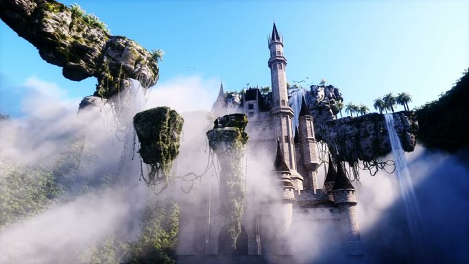 梦幻童话般的飞石与城堡。逼真的4k动画。
