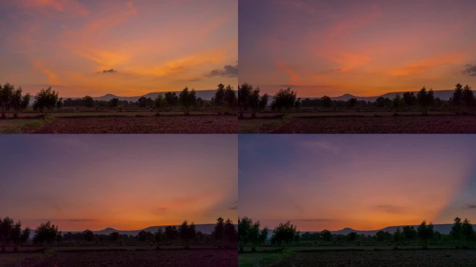 自然景物场和日落在农村与云移动，泰国，4K延时。