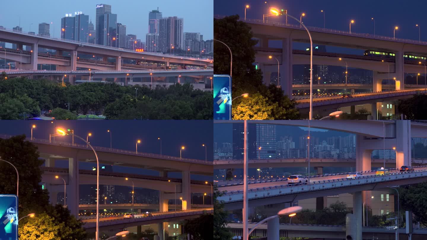 重庆菜园坝立交夜景 地铁穿桥