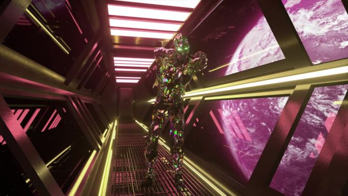 绿紫钻石僵尸穿过飞船的霓虹灯走廊。背景是地球。