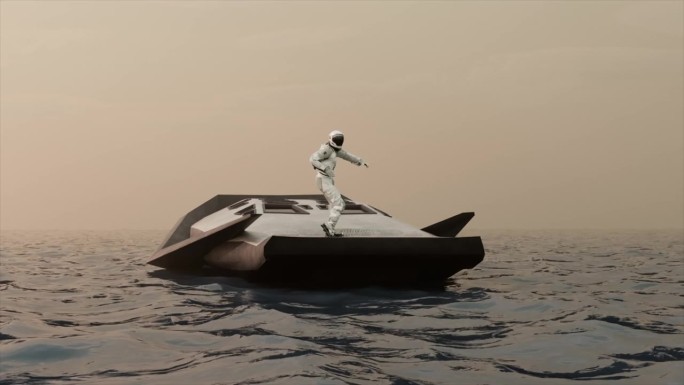 一位身穿白色太空服的宇航员正在大海中央的宇宙飞船上跳舞。科幻小说。三维动画