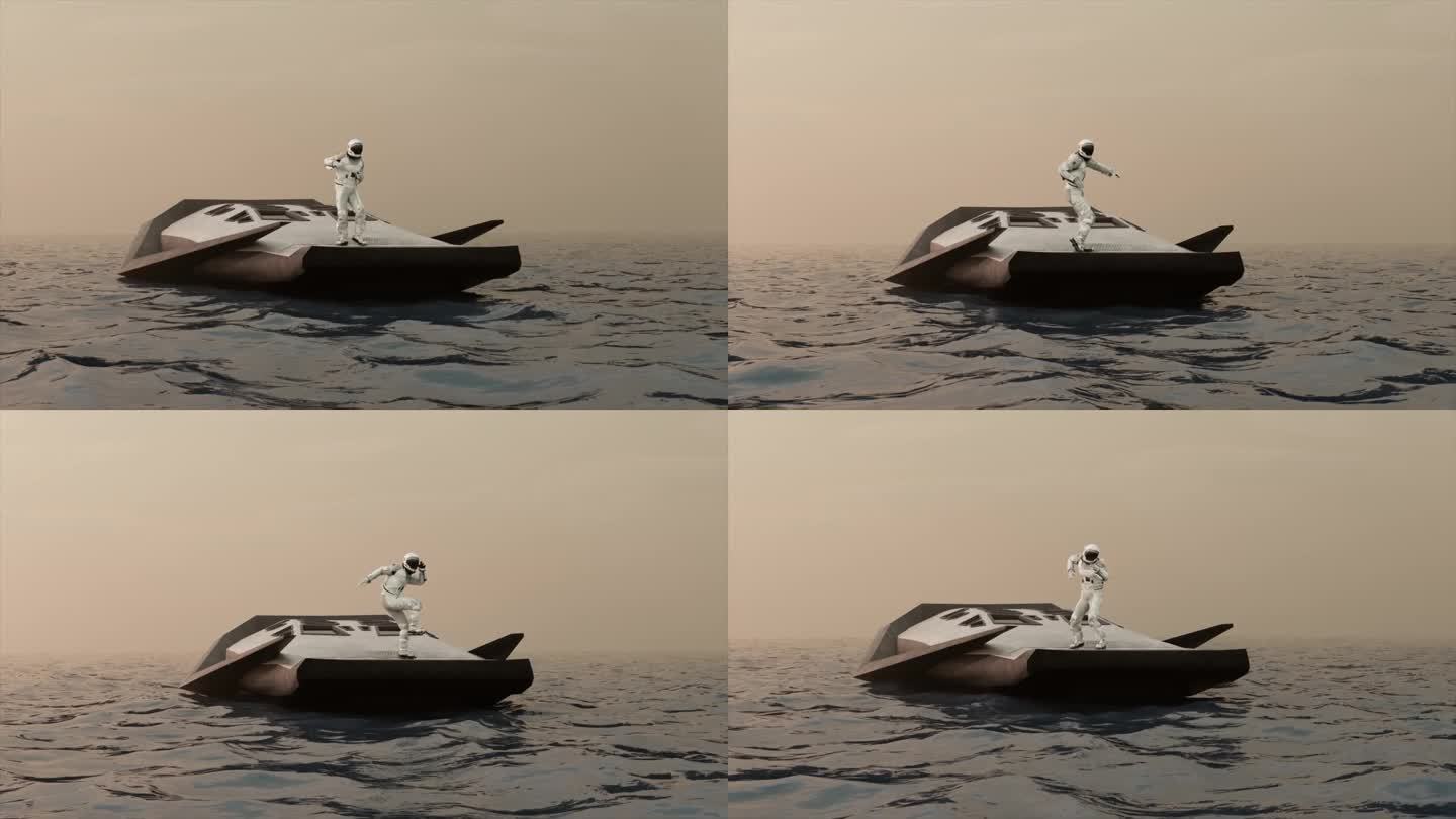 一位身穿白色太空服的宇航员正在大海中央的宇宙飞船上跳舞。科幻小说。三维动画