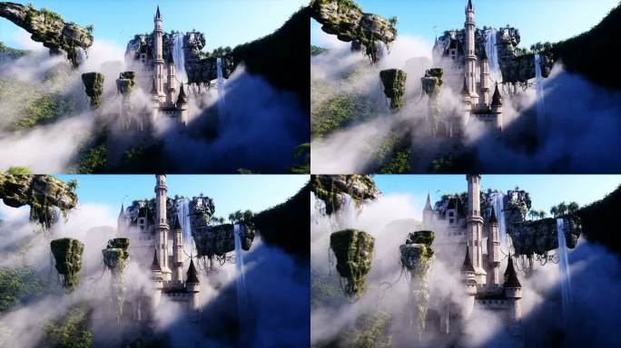 梦幻童话般的飞石与城堡。逼真的4k动画。