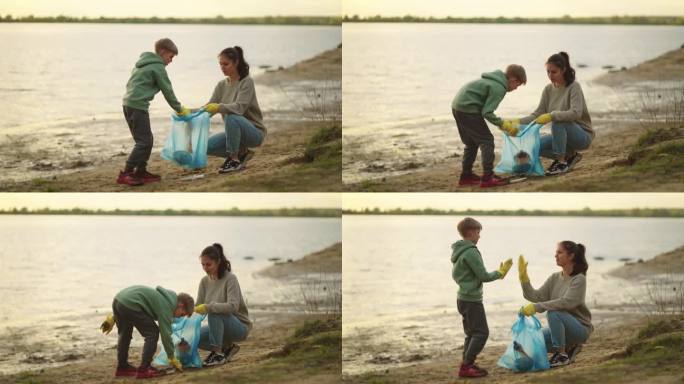 生态与环境保护，少年和母亲清理湖岸的垃圾