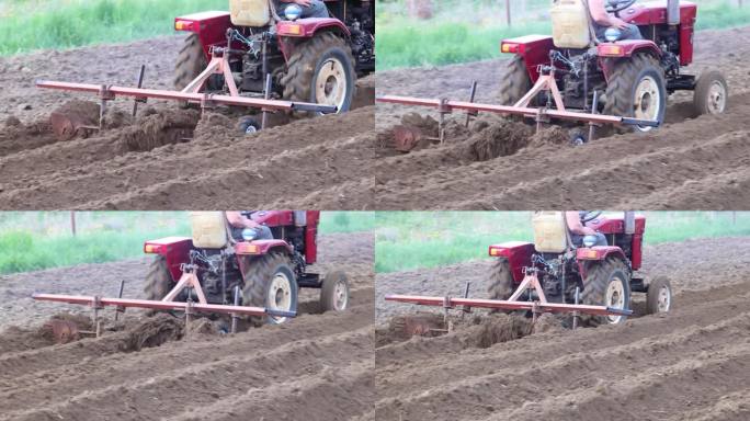 耙耕机是由小型拖拉机连接而成，用于农田马铃薯田的翻耕。