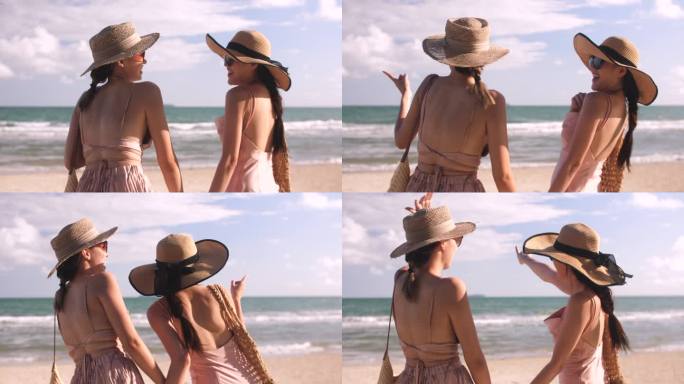 戴着帽子和太阳镜的年轻美女在海滩上玩得很开心