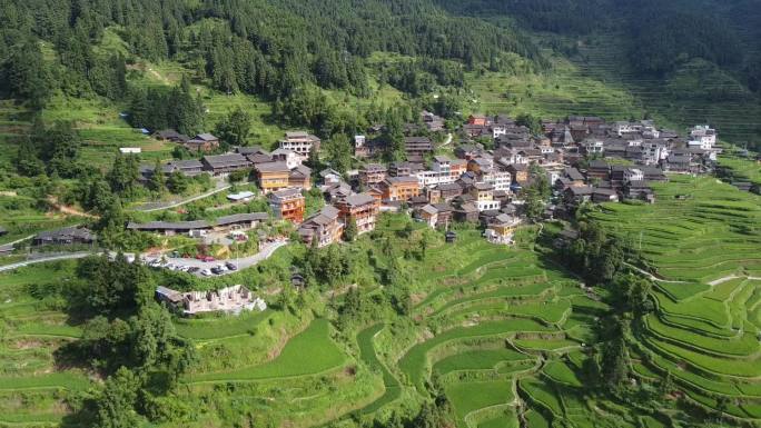 航拍贵州堂安侗寨侗族村落梯田大气景色