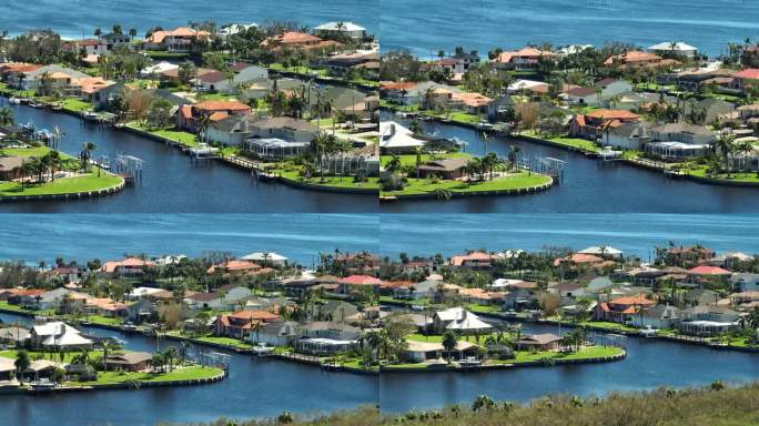 飓风伊恩过后，佛罗里达居民区受损的滨水房屋。自然灾害的后果