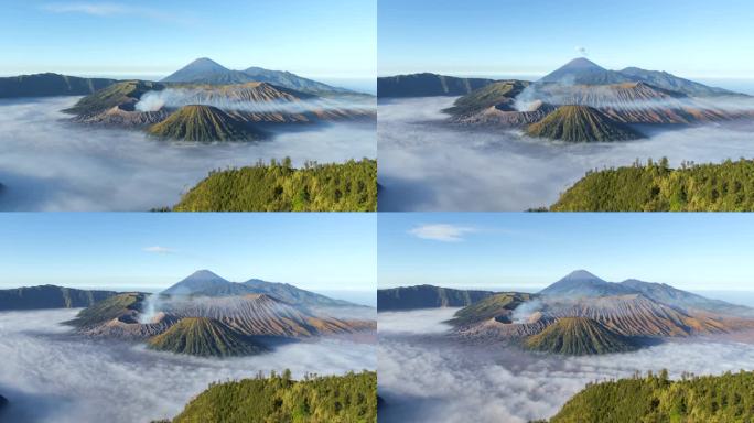 4k延时电影日出场景移动的云，雾和烟雾的喷发覆盖火山mt . Bromo, sememeru, Ba